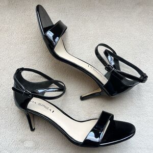 Via Spiga Black Patent Leather Ankle Strap  Heeled Sandals Women 9.5 M Strappy